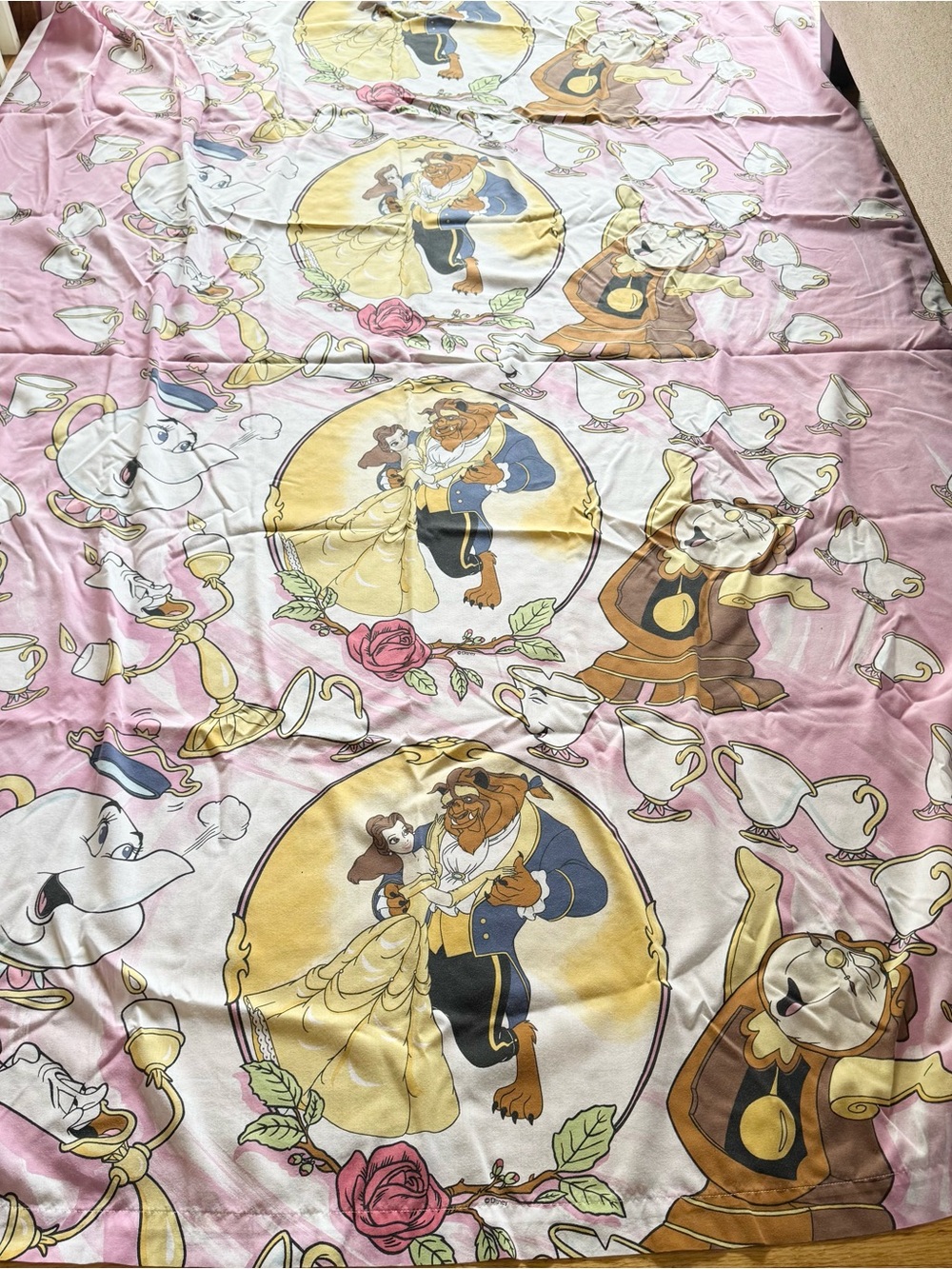 VINTAGE Disney Beauty and the Beast Flat Bed Sheet Twin 1990s PINK Belle Beast